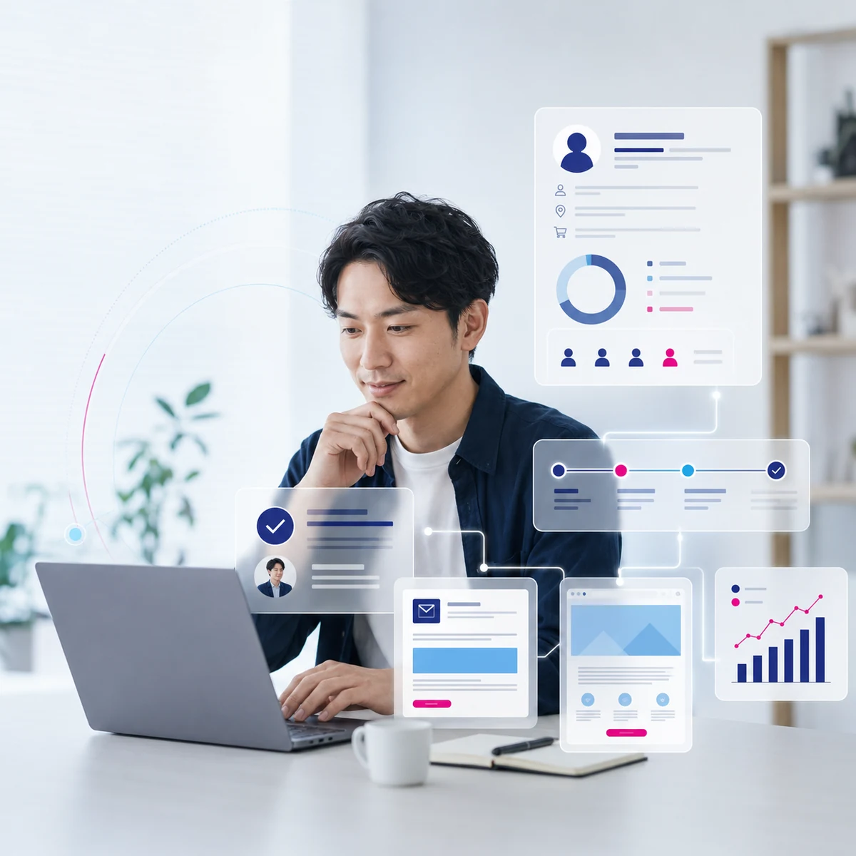 顧客データとAIエージェントを活用し、マーケティング担当者が施策を企画・確認・改善する様子