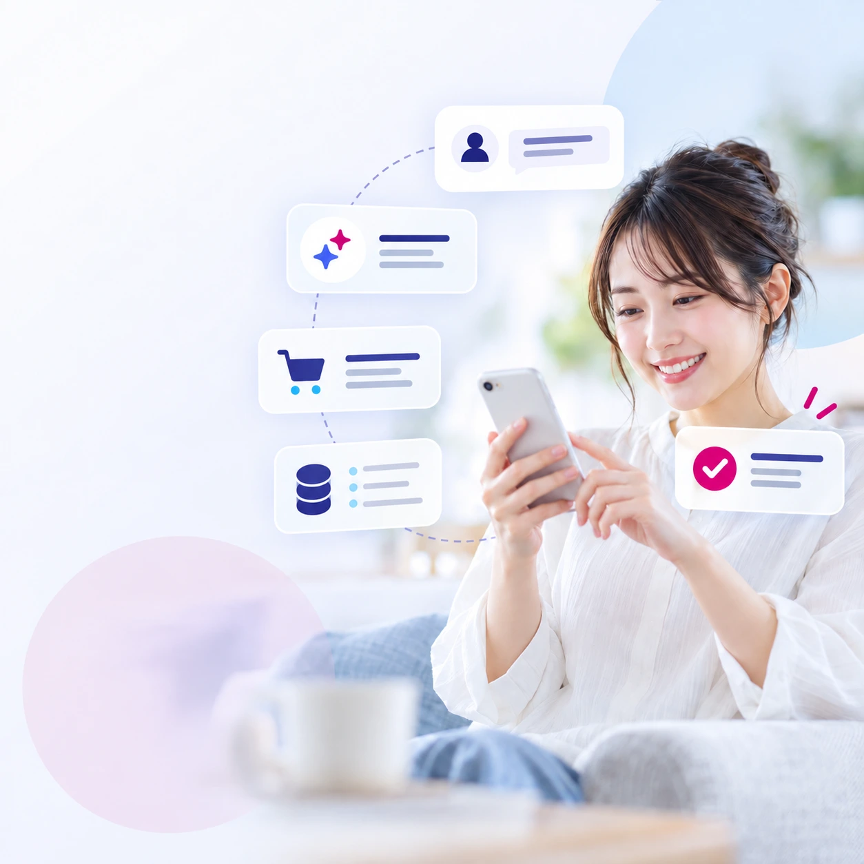 スマートフォンでAIチャットを利用し、商品・データ連携を通じて問い合わせを自己解決する顧客のイメージ