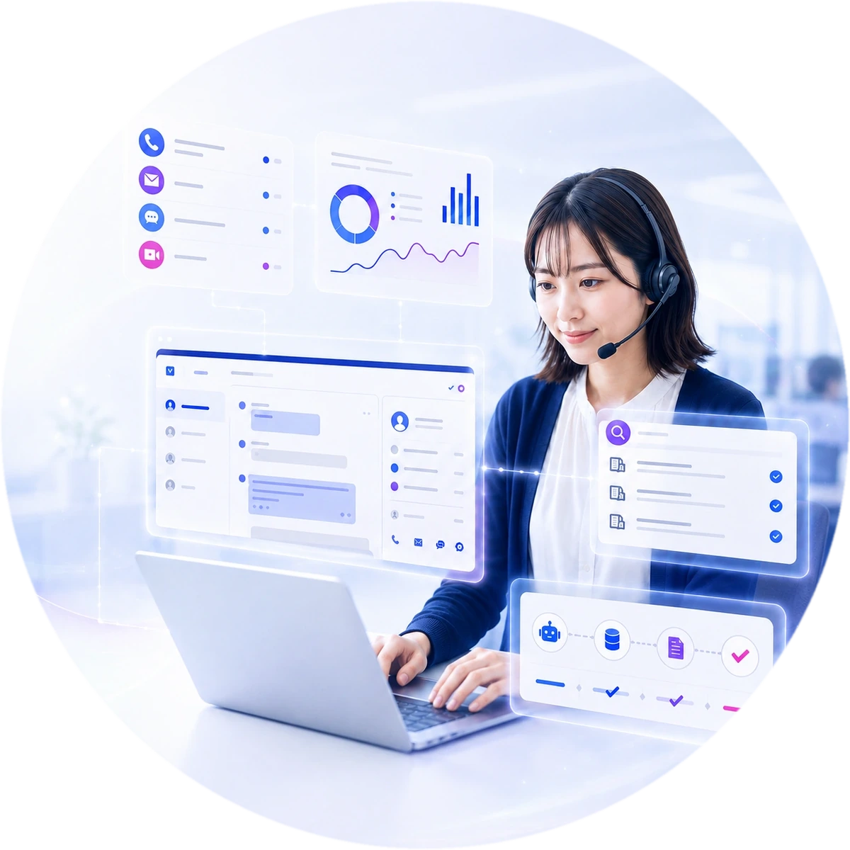 AIとオペレーターが連携し、顧客対応・ナレッジ活用・分析・業務処理を進める次世代コンタクトセンターのイメージ