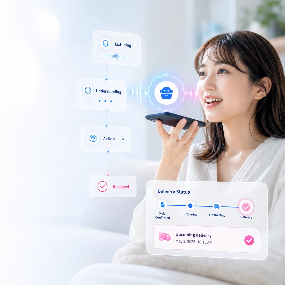顧客がスマートフォンでDECA Voice Agentと会話し、問い合わせから解決まで進んでいるイメージ